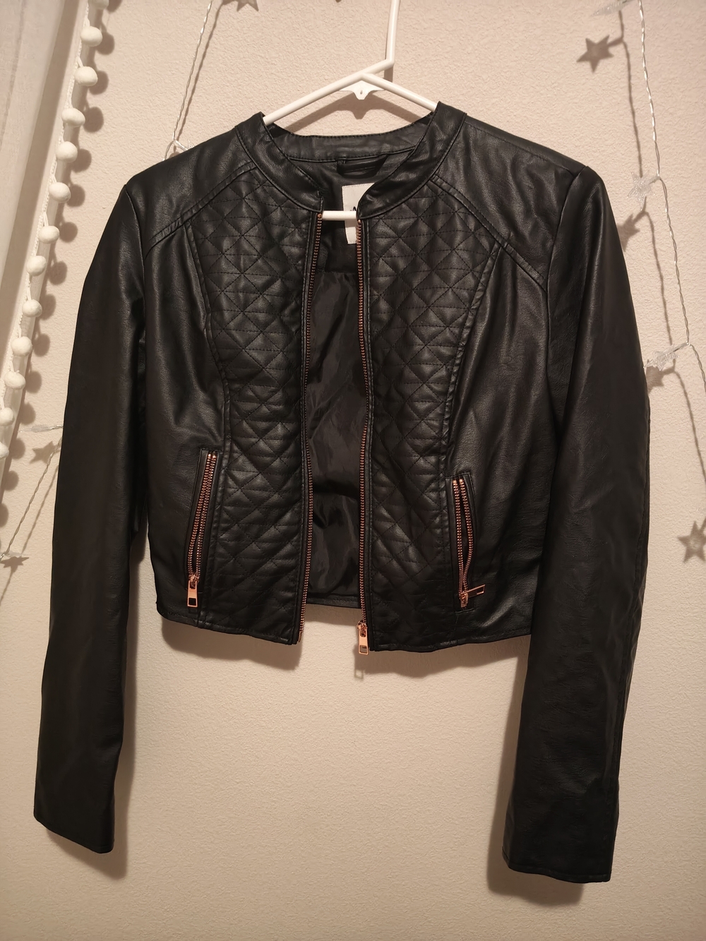 Black Quilted Faux Leather Jacket with Rose Gold Hardware